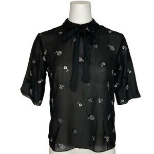 The Kooples Embroidered Short Sleeved Top Blouse M Black Sheer Beaded Bow Sexy